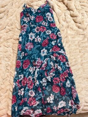 BCX Teal Floral Maxi Dress with Pink & White Blooms